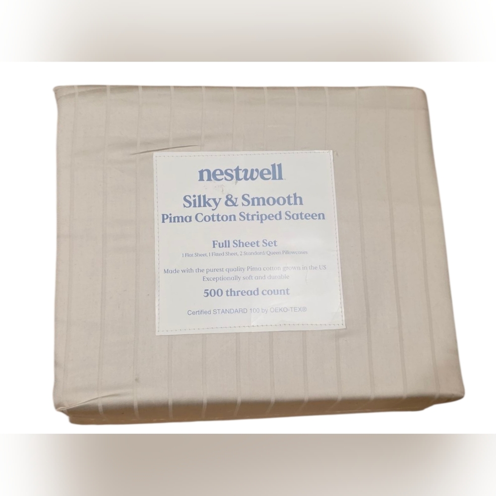 Nestwell Full Sheet Set – Brand New – Silky & Smooth Pima Cotton Striped Satee